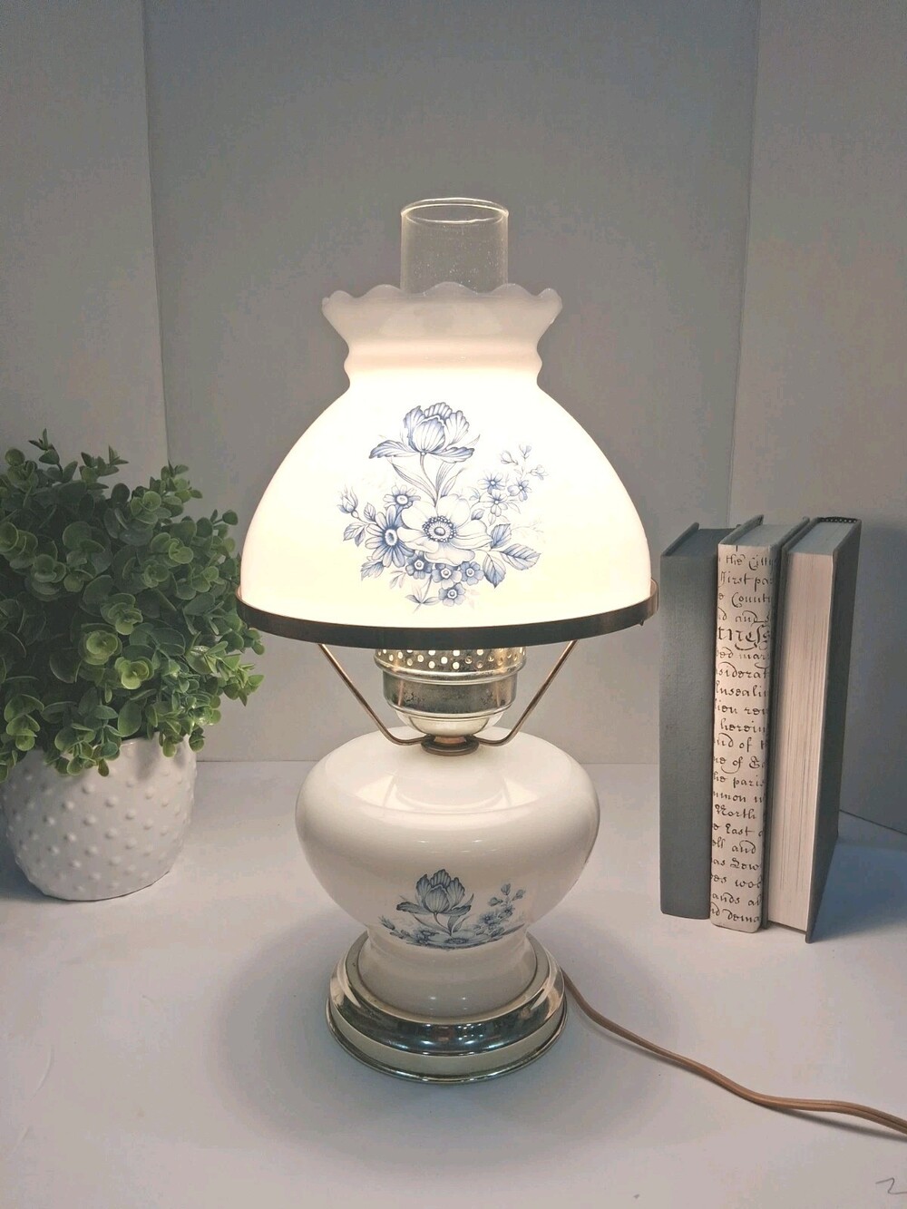 PRISTINE Vintage Milk Glass Hurricane Lamp Blue Floral Parlor Light W/ Chimney